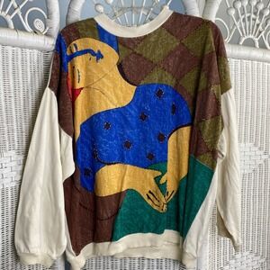 Vintage‎ Jou Jou 80s Painted Art Sweatshirt Beaded Abstract Face Oversized Artsy